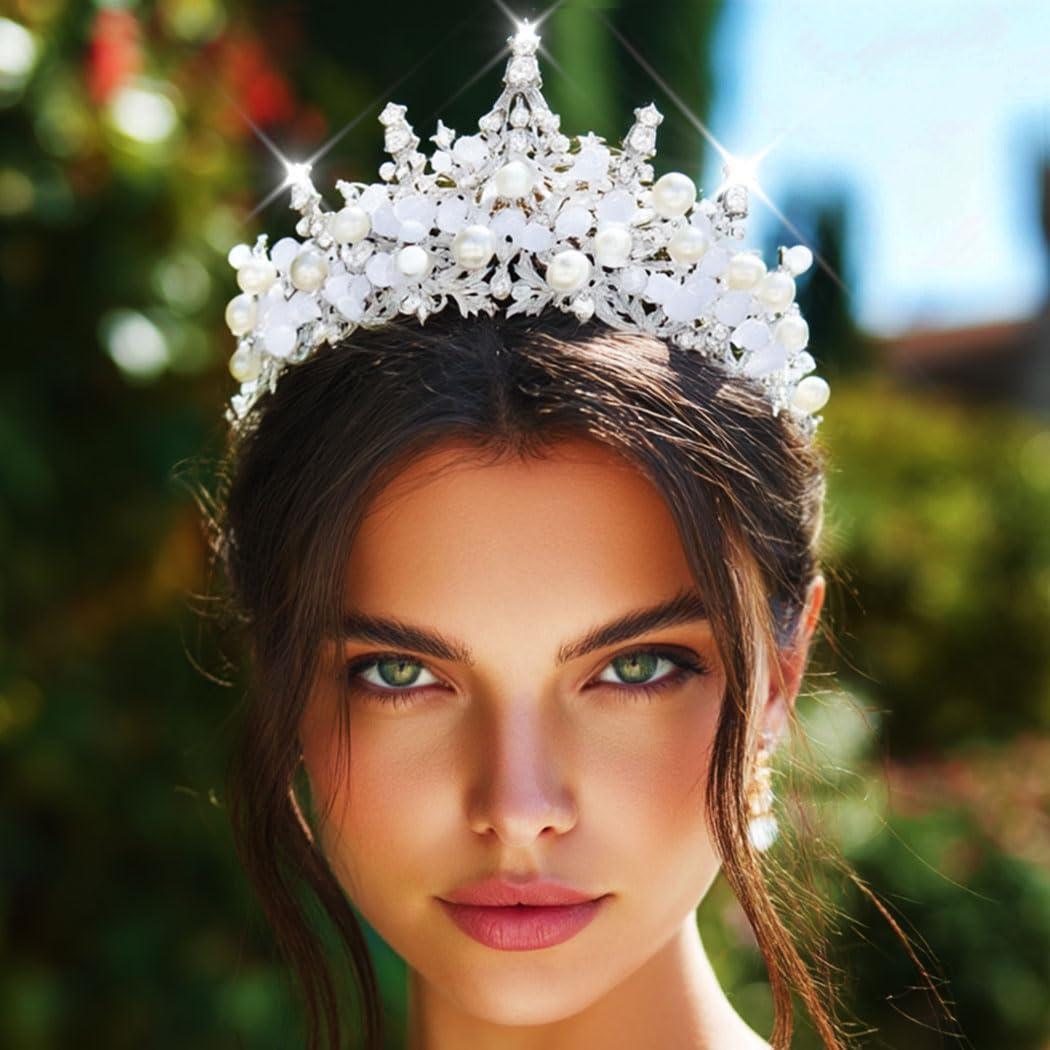 Kilshye Pearl Tiara Silver Wedding Crown Bridal Prom Hair Accessories for Women