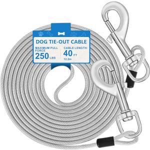 Tie Out Cable, 40FT Runner Cable with Swivel Hook, Dog Leash Run Tether for Yard Outdoor and Camping, for Small to Medium Pets Up to 250 LBS (Silver, 40FT 250LBS）