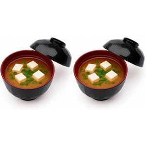 JapanBargain Japanese Miso Soup Bowls with Lids, Small Traditional Lacquered Bowls, 8.4 oz Authentic Size, Set of 2, Made in Japan