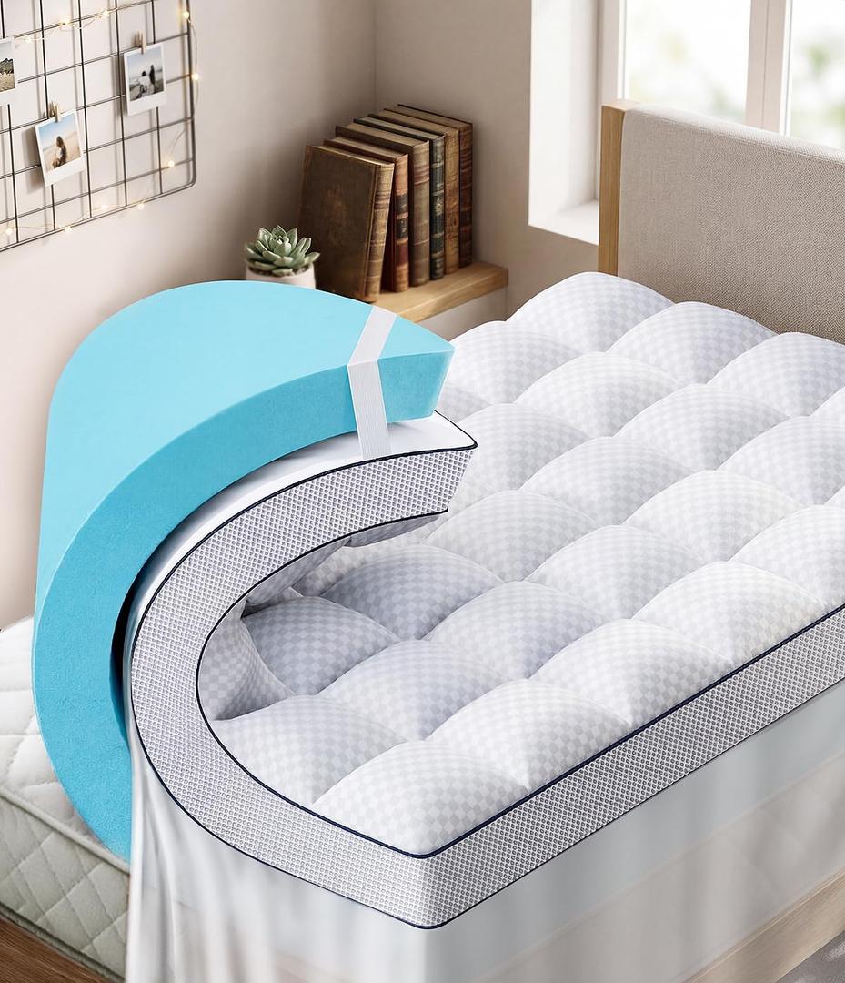 Twin XL 4 Inch Dual Layer Memory Foam Mattress Topper,Cooling Gel Pad, Twin XL-White