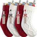 Personalized Christmas Stockings - 18 Inches Hanging Stockings with DIY Snowman Name Tags, 4 Pack Large Size Knitted Stockings for Mantels, Christmas Tree Family Holiday Decor, Red and White