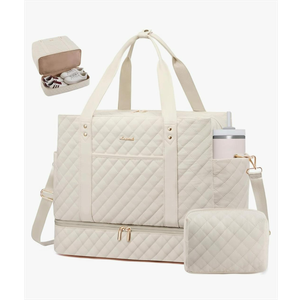 LOVEVOOK Large Travel Duffle Bag for Women, 45L Weekender Bags with Shoe Compartment & Wet Pocket, Quilted Carry On Personal Item Bag, Overnight Hospital Bags for Labor Delivery Beige