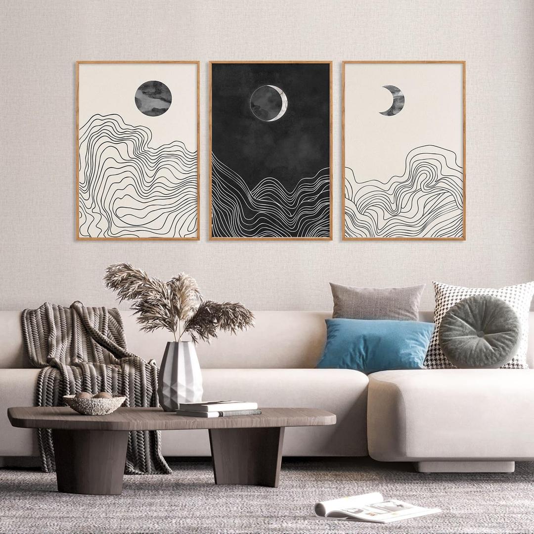 HLNIUC Black and White Abstract Wall Art Set of 3, Large Boho Framed Canvas Decor(24x36), Modern Celestial Sun Moon Painting, Geometric Line Mountain Art Print for Living Room, Bedroom, Office