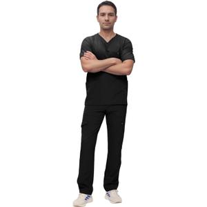 Men's Scrub Set V-Neck Scrub Sets with Nine Large Pockets (Medium-TALL, Black)