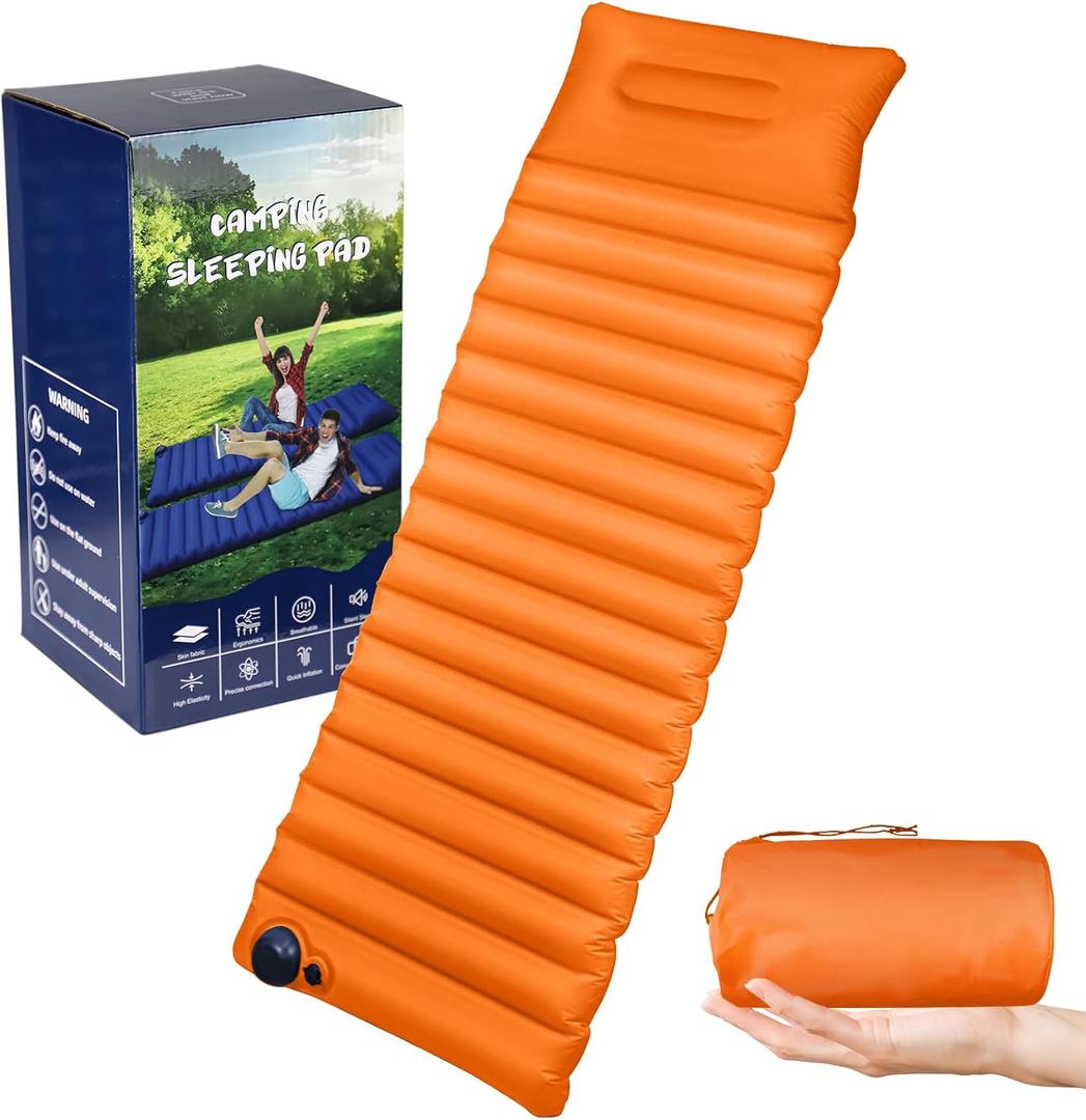 JOSEN Self-Inflating Sleeping Mats for Camping with Built-in Foot Pump,Camping Mattress Pad Ultralight Sleeping Mat with Pillow for Camping，Backpacking, Hiking, Tent, Traveling-Single Orange