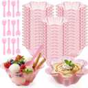 Patelai 50 Pack 8 oz Pink Desset Cups with Spoons Disposable Ice Cream Sundae Bowls Flower Shape Clear Plastic Small Party Serving Cups for Ice Parfait Strawberry Yogurt