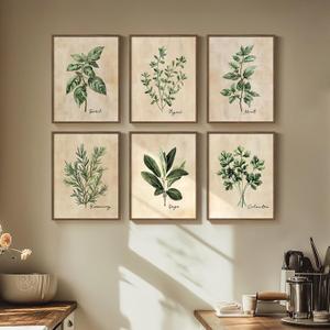 Framed Sage Green Botanical Wall Art for Kitchen, Set of 6 Rustic Herb Canvas Prints Artwork for Modern Farmhouse Walls, Herbs Spices Plant Leaf Pictures for Dining Room Living Room Bedroom Wall Decor