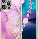Compatible with iPhone 16 Pro Max Case for Women Girls, Girly Cute Phone Case for iPhone 16 Pro Max with Flower Phone Charm Lanyard, Shockproof Hard Protective Case 6.7 Inch Purple Marble