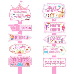 20Pcs Circus Carnival Party Directional Signs Pink, Circus Carnival Signs, Circus Tent Porch Sign, Carnival Yard Sign for Kids Indoor Outside Carnival Party Supplies
