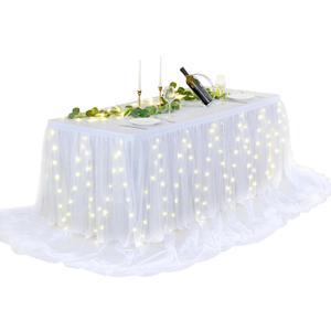 14FT White Tulle Table Skirt for Rectangle or Round Tables Ruffle Tulle Tutu Cloth Desk Table Skirt with LED Lights for Birthday Party Baby Shower Gender Reveal Cake Dessert Decorations