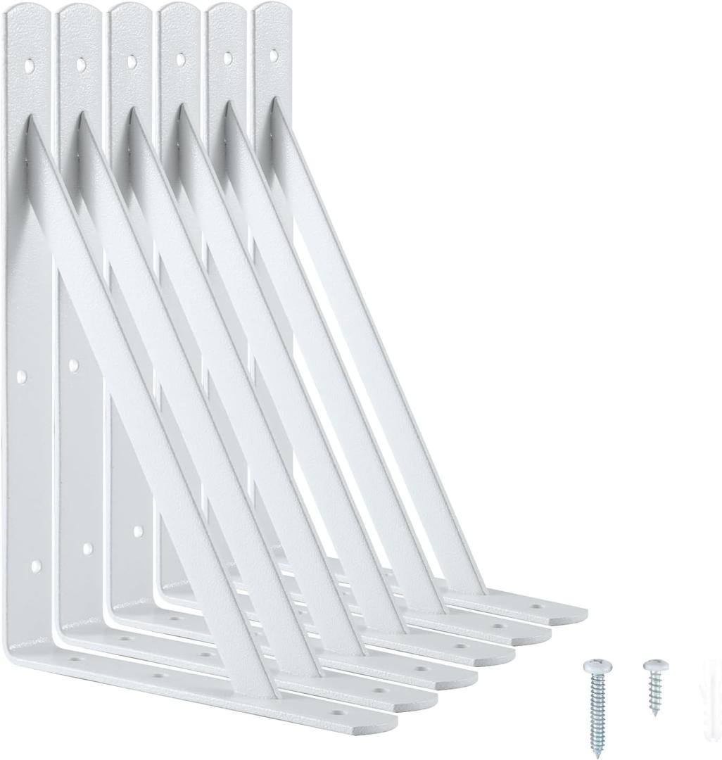 Heavy Duty Shelf Brackets 12 x 8 inches, Metal Shelves Supports, Load Capacity: 600 lb, 90 Degree Wall Mounted Angle L Floating Shelf Bracket with Screws, White 6 Pack HOME MASTER HARDWARE