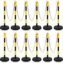 Konohan 12 Sets 34 Inch Parking Cone Delineators Post Traffic Cone Plastic Stanchion Set Stands Parking Barrier with Base 6.6 ft Chain S Hooks Reflective Collar (Yellow,Black)