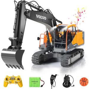 DOUBLE E Volvo RC Excavator 17 Channel 3 in 1 Construction Toys, 17 Channel Remote Control Vehicles Tractor Sandbox Toys Digger with Metal Shovel Drill Grab RC Truck for Kids Adults