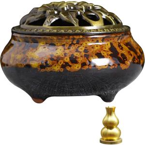 Ceramic Incense Burner with Lid, Bowl Burner Cone Incense Burner, Ceramic Censer Suitable for Incense/Cone/Coil/Sticks, There are 30 Incense Cones+ Metal Incense Holder+Fireproof Cotton Inside. (Honey Gold)