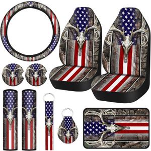 Frienda 10 Pcs American Flag Wood Deer Skull Camo Car Accessories Set 4th of July Patriotic Seat Covers Steering Wheel Cover Keyring Cup Holder Armrest Pad Seat Belt Pads Wrist Strap for Truck