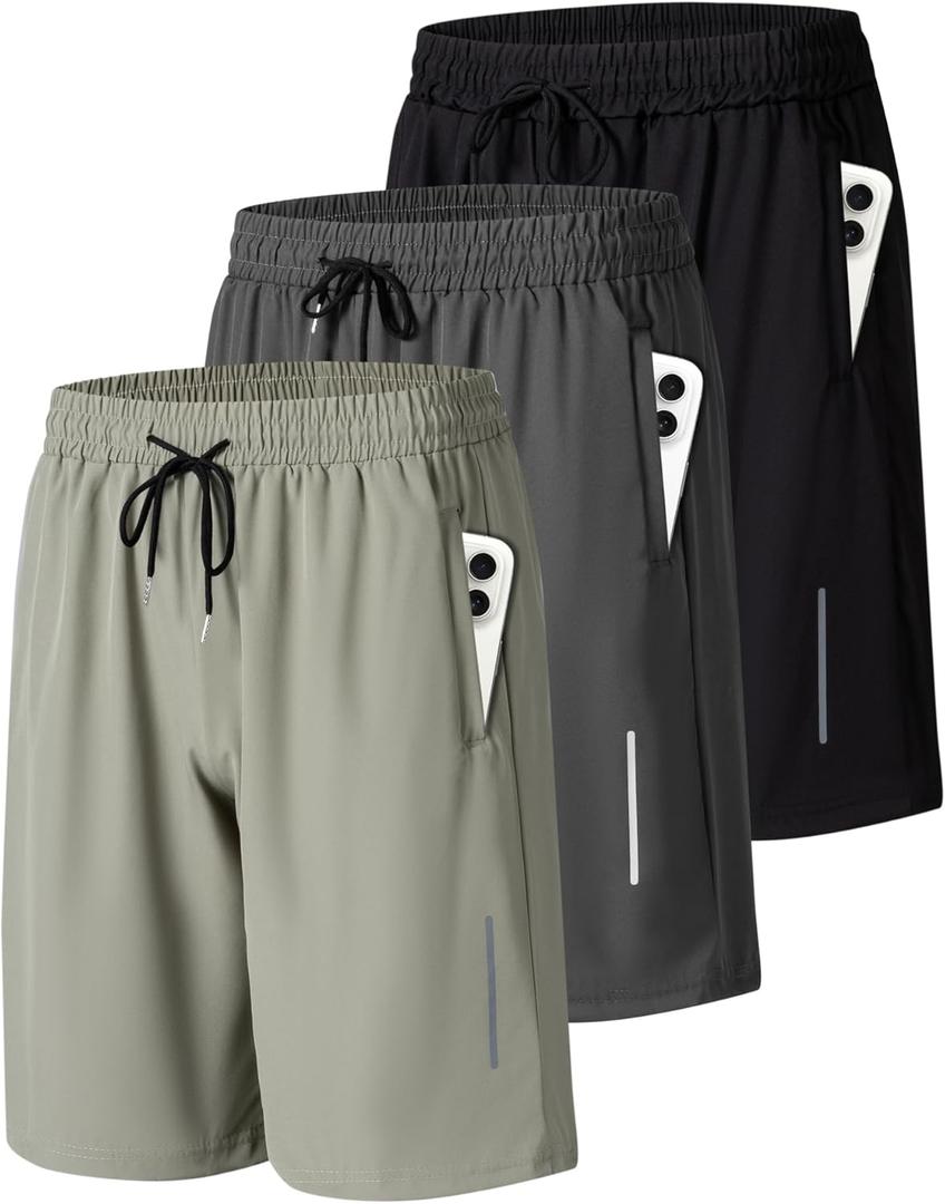 JWJ Mens Athletic Gym Workout Shorts Lightweight Quick Dry Running Basketball Shorts with Zipper Pockets (Medium, 3 Pack Black / Dark Grey / Army)