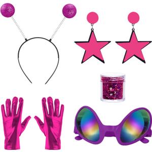 5 Pcs Alien Costume with Antenna Headband Glasses Silver Gloves Earring Face Glitter for Space Halloween Costume