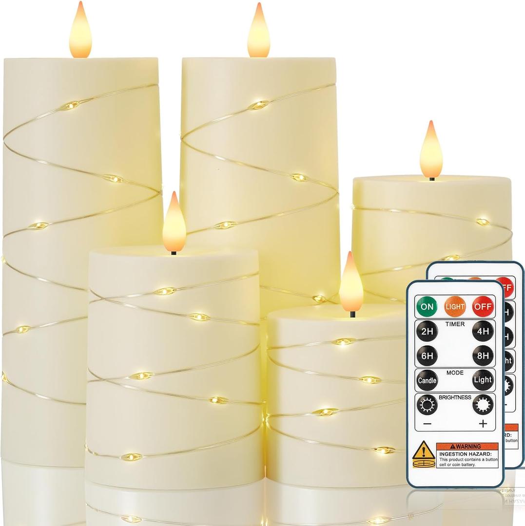 Raycare Flameless Candles with Remote Timer, Flickering Battery Operated LED Pillar Fake Candle with String Lights for Home Decor, Christmas, Wedding and Gift, Ivory, Set of 5