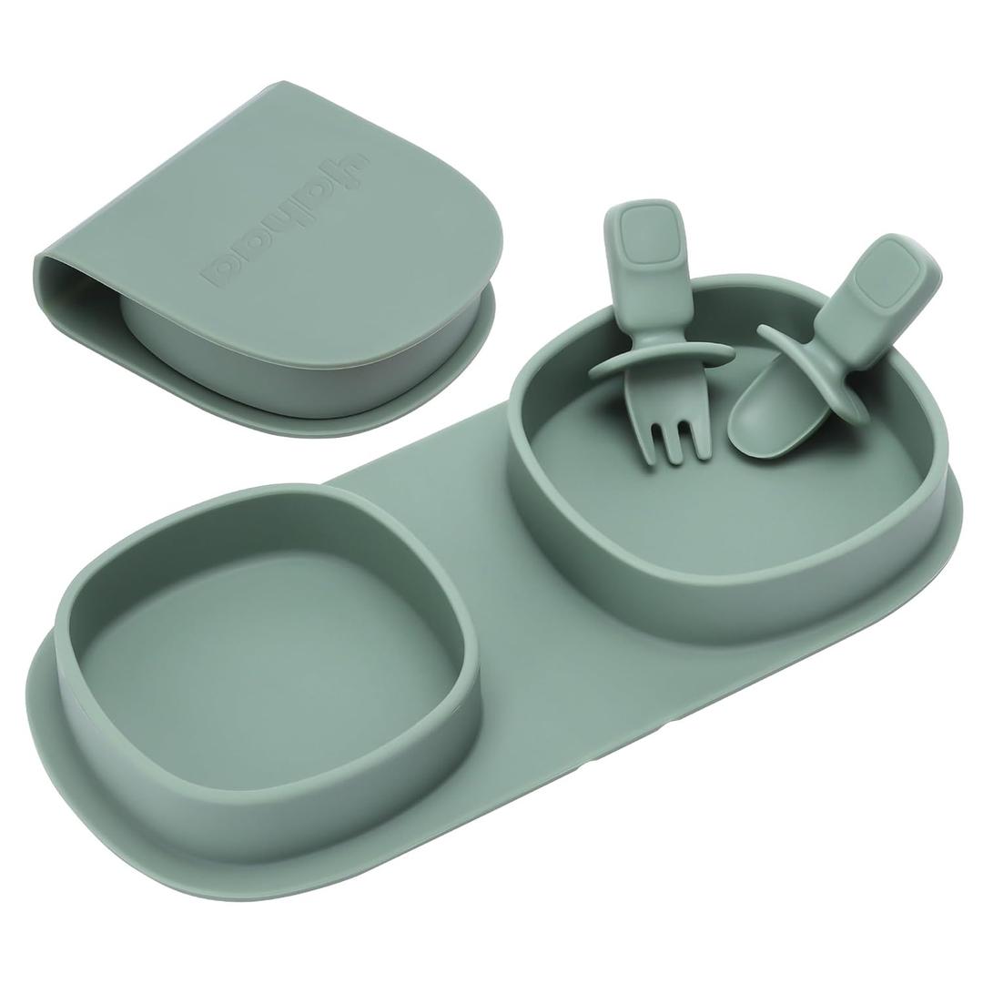 Silicone Foldable Novelty Dinner Plates, Baby Plates Travel Essential with Forks and Spoons, Microwave & Dishwasher Safe, Sage