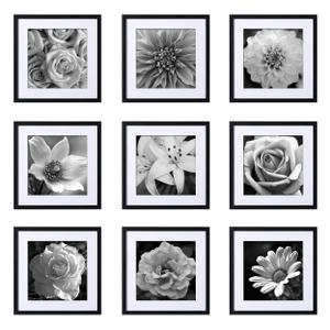eletecpro 16x16 Picture Frames Set of 9, Classic Gallery Wall Frame Set for 4x4 Photos with Mat or 16x16 without Mat, Large Picture Frame for Art Prints, Black Poster Frames for Home Decor Wall