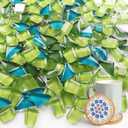 Mosaic Tiles for Crafts, 500g Irregular Tiny Mosaic Tile with Bamboo Coaster, Handmade 1.1LB Crystal Mosaics Pieces Stained Glass Bulk for DIY Art Projects Home Decoration (Green Series)