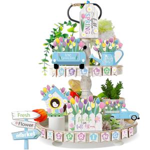 Bucherry Hello Spring Tiered Tray Decor Tulips Table Wooden Sign Decorations Flower Market Tabletop Rustic Farmhouse Decor for Spring Holiday Party Home Kitchen (Tulip Style)