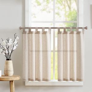 jinchan Tab Top Linen Kitchen Curtains 24 Inches Striped Tier Curtains Farmhouse Modern Cafe Style Small Window Treatments Airy Light Filtering Rod Pocket for Living Room Bathroom 2 Panels Tan