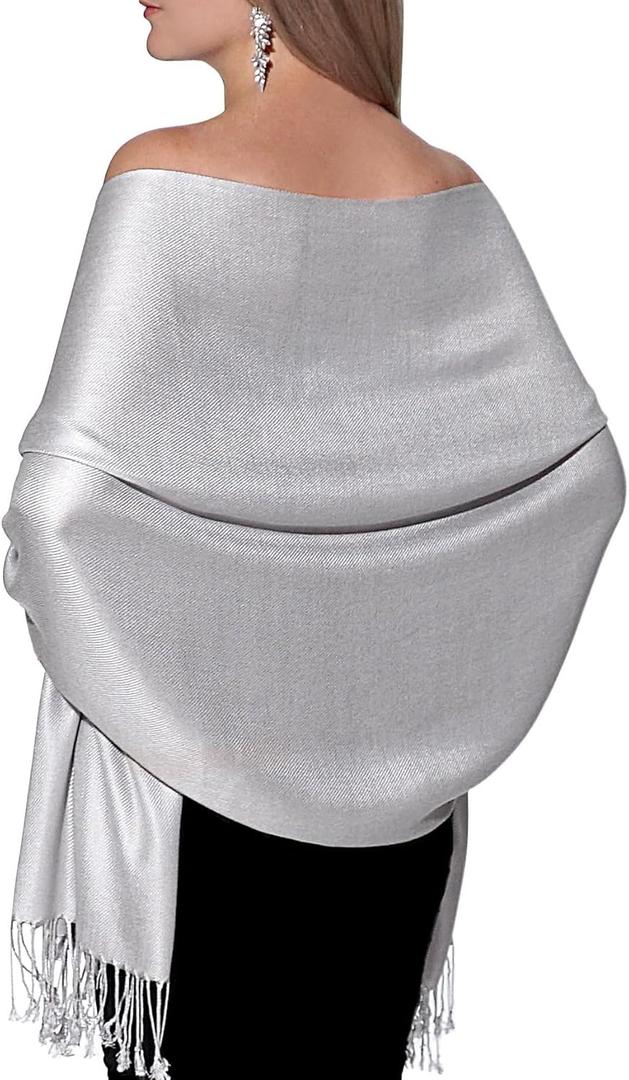 Pashmina Shawls and Wraps for Evening Dresses, Large Soft Pashminas Wedding Shawl (Light Grey Silver)