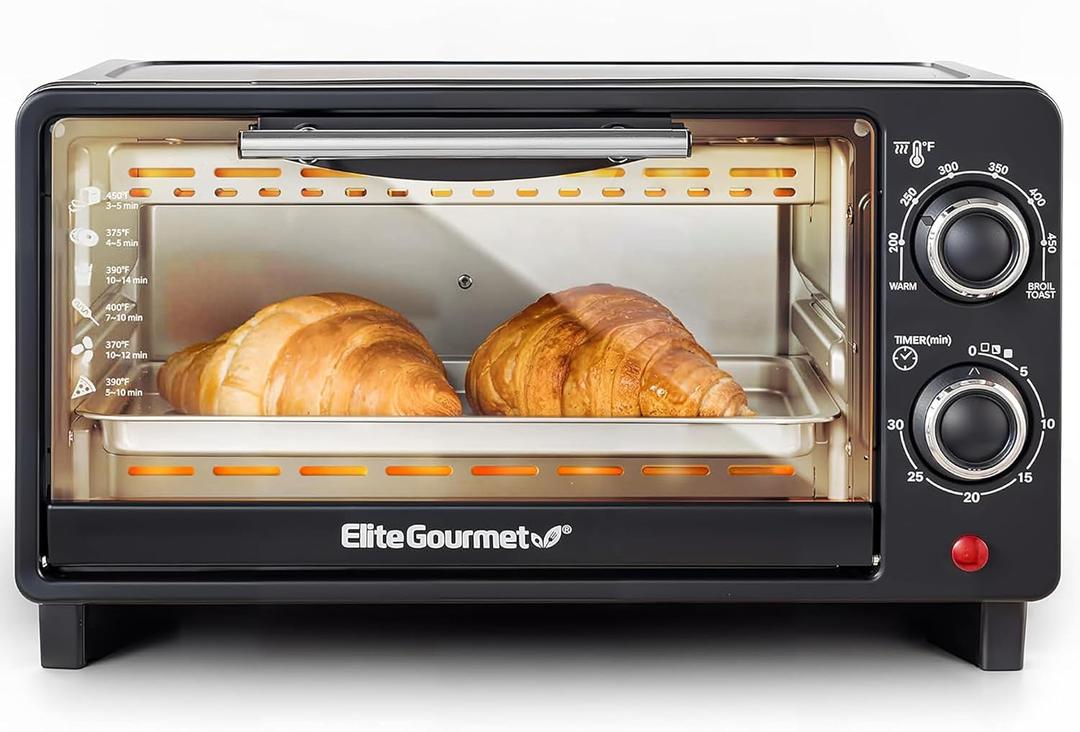 Elite Gourmet ETO490 9L/4 Slice Countertop Toaster Oven with 30-Minute Timer, Adjustable Temperature Control, Includes Baking Pan and Wire Rack, Bake, Broil, Toast, Black