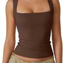 QINSEN Women's Double Layer Tank Tops Square Neck Sleeveless Basic Tight T Shirts L