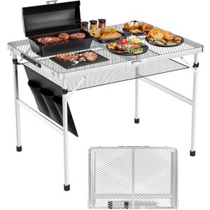 3x2 FT Folding Grill Table, Portable Camping Table for Outside, Adjustable Height Folding Table with Desktop & Mesh Bag, Lightweight Outdoor Table for Camping, Picnic, BBQ, Sliver