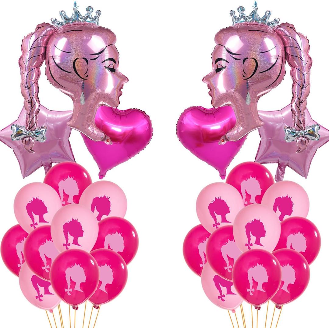 30pcs Hot Pink Princess Doll Foil Balloon Pink Heart Star Balloons Girl Head Latex Globos Kit For Princess Party Decorations Makeup Bachelorette Photo Backdrop Little Girl Adult Birthday Supply
