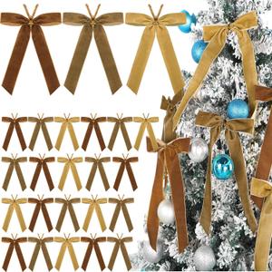 Riceshoot 30 Pcs Velvet Christmas Bow for Christmas Tree, 11 x 6.3 Inch Rustic Crafts Gift Bows, Xmas Garland, Large Gifts, (Khaki Assorted)