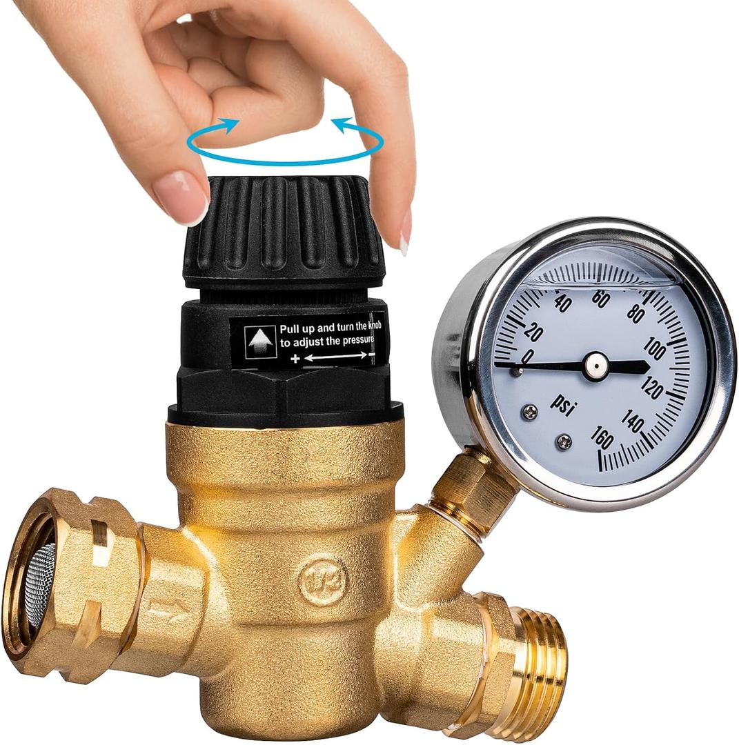Gickbusus RV Water Pressure Regulator Valve for Camper, Regulate Valves with Strainer, Made of Leadless Brass, RV Water Pressure Regulator with Pressure Gauge