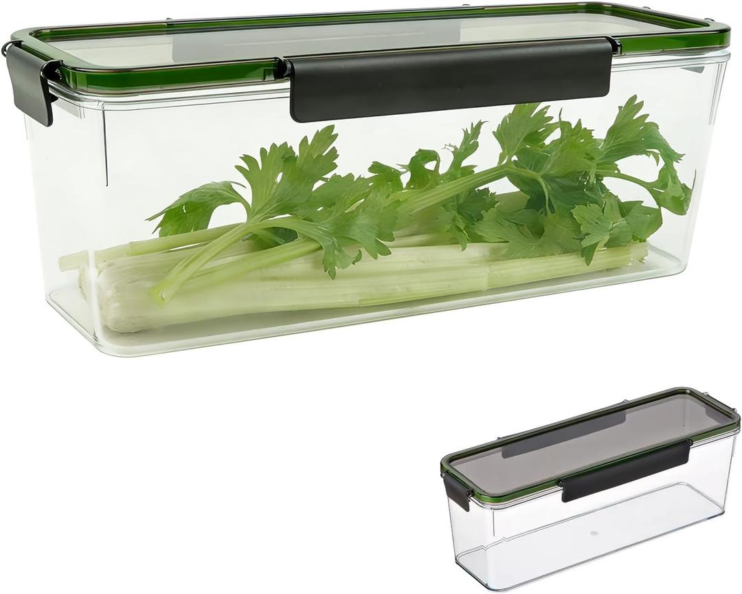 Celery Keeper for Refrigerator, Upgraded 3cm Deeper BPA-Free Vegetable Storage Container with Reinforced Locking Lid, Leakproof Durable PP Food Storage Bin for Kitchen