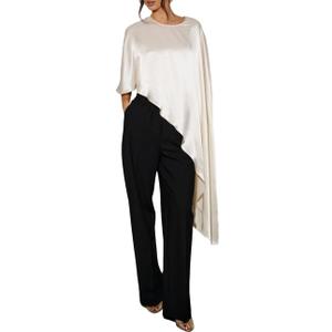 Women Asymmetrical Hem Satin Silky Shawl Wraps Elegant Round Neck Dressy Cape Poncho Top Flowy Loose Fit Cover Up Blouse (White, M)
