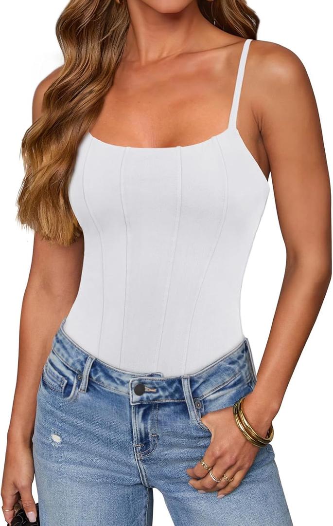 REORIA Women's Sexy Square Neck Adjustable Strap Bodysuit Sleeveless Backless Corset Tops Going Out Outfits, Small