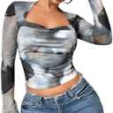 SOLY HUX Women's Tie Dye Long Sleeve Crop Top Mesh Square Neck Going Out Cropped Tee Shirts, XS, Multi Tie Dye