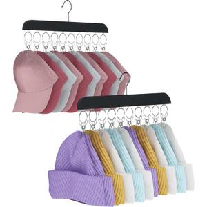 2 Pack Hat Hangers for Closet,Wooden Hat Rack with 10 Metal Clips for Saving Space, Hat Organizer for Baseball Caps,Skullies,Beanies,Visors(Black)