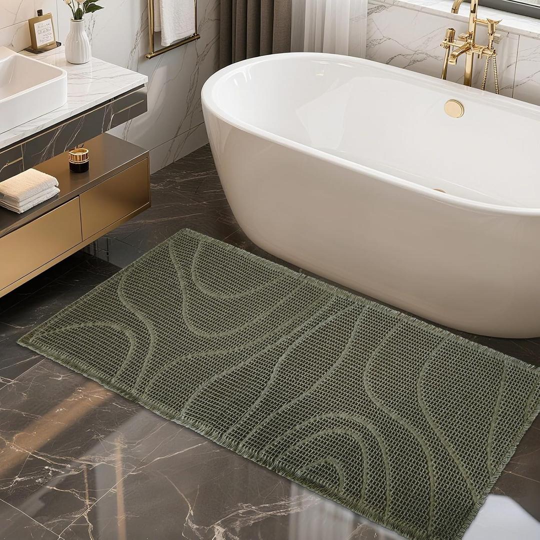 ZALL Dark Green Waffle Bath Mat Wavy,Super Absorbent Non Slip Bathroom Rug, 24x48inch, Machine Washable Ultra Soft Floor Mats