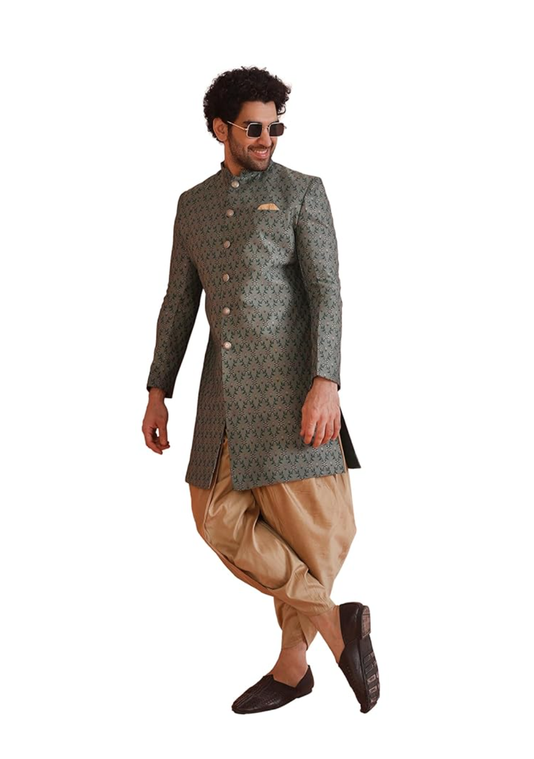 Men's Jacquard Floral Indowestern Sherwani Pajama/Dhoti Set – Regular Fit, Mandarin Collar| Ethnic Festive Wear, 40