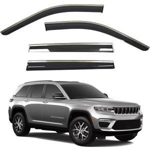 Window Visors Rain Guards fits 2022-2026 Jeep Grand Cherokee 2-row with Stainless Steel Chrome Trim, Out-Channel Side Window Wind Deflectors Vent Shades Accessories, black 4 Pcs, 2023 2024 2025