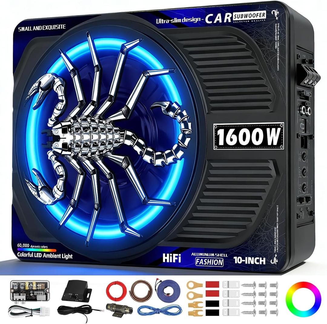 1600W Slim Underseat Car Subwoofer and Amp Package, Powered Car Subwoofer with Built-in Amp, Subsonic Deep Bass, RGB Beat Light, Low Pass/Gain/Bass Boost Control, Truck SUV Car Audio Subwoofer