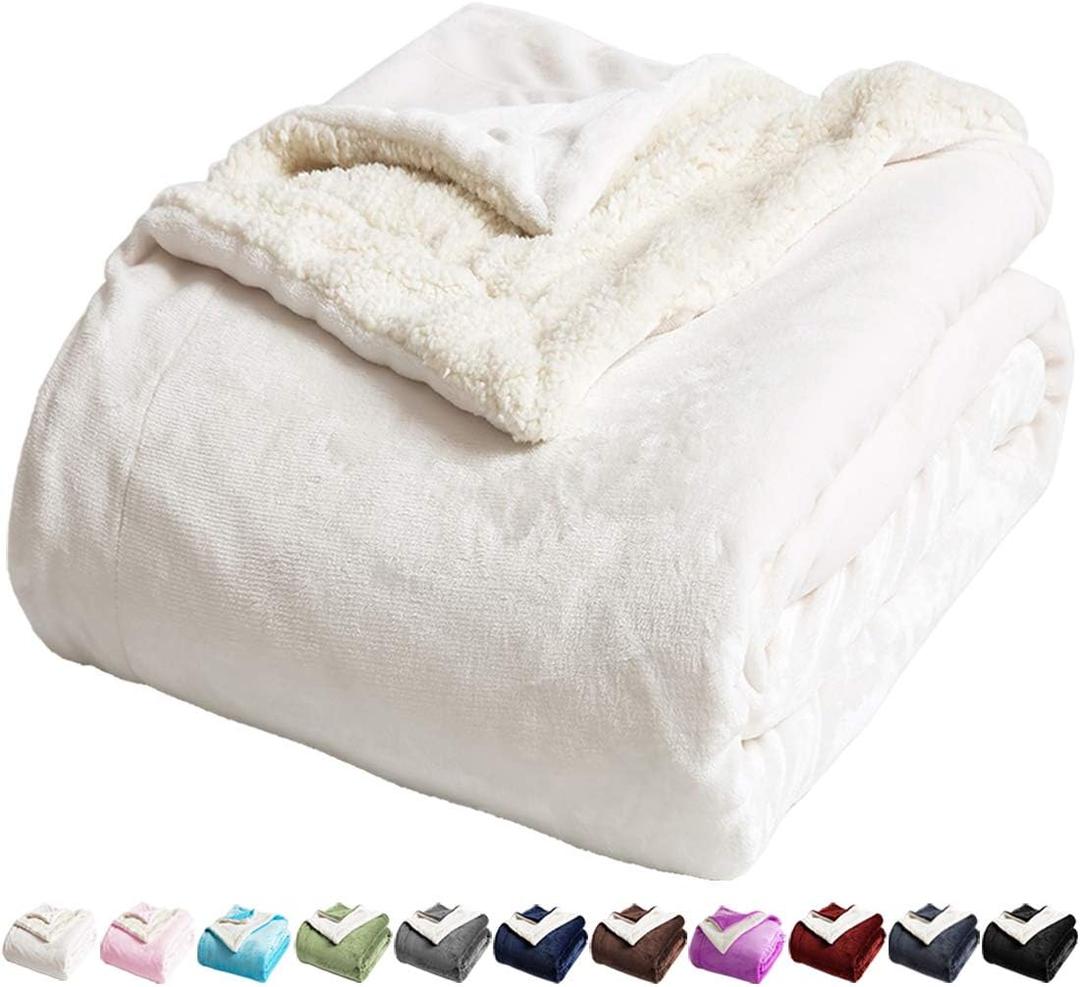 LBRO2M Sherpa Fleece Bed Blanket Queen Size Super Soft Fuzzy Plush Warm Cozy Fluffy Microfiber Couch Throw Double Reversible Blankets,Ivory (Queen(90x90 Inches))