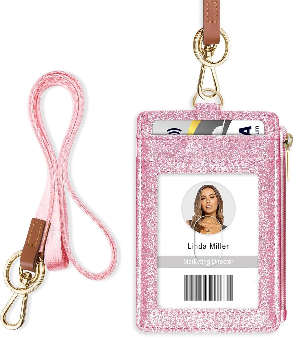ID Badge Holder with Lanyard, Vertical Bling Shiny ID Badge Card Holder with 1 Clear ID Window, 4 Credit Card Slots, 1 Cash Coin Slot and a Detachable Neck Lanyard (Bling Pink)