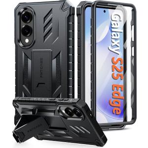 FNTCASE for Samsung Galaxy S25-Edge Case: Military Grade Drop Proof Protection Mobile Cover with Kickstand | Matte Textured Rugged Shockproof TPU | Protective Sturdy Phonecase - Black