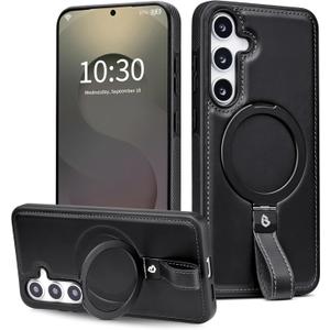 Butaiga for Samsung Galaxy S23 Case Leather with Stand, Anti-Slip Grip Ring, Fits for MagSafe (Black, S23)
