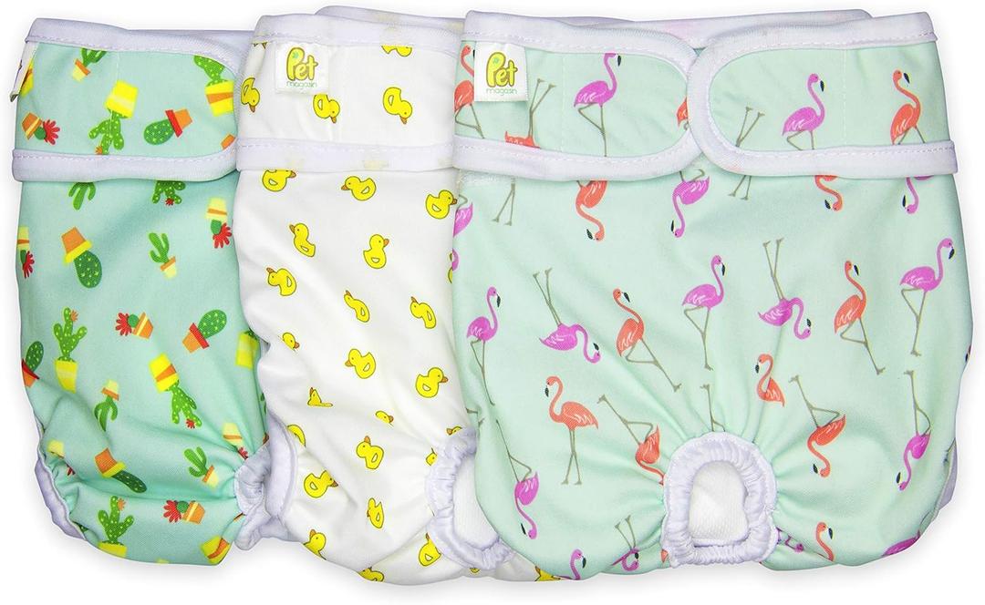 Pet Magasin Super Absorbent Resuable Dog Diapers for Females (3-Pack) - Ideal Heat Solution, Washable Doggie Diapers for Female Dog - Perfect Doggie in Heat & Period (Trending, XS (10-12 Waist)