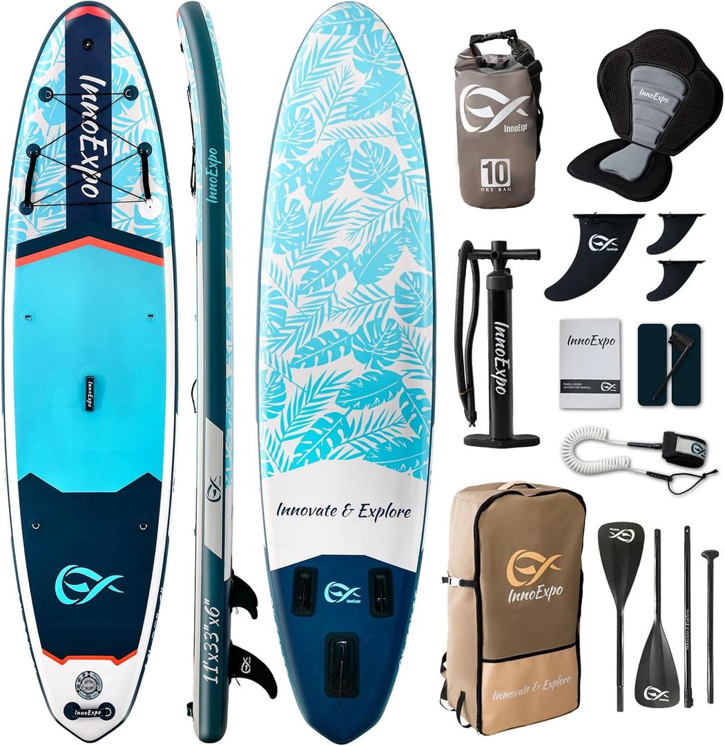 InnoExpo 11' Inflatable Stand Up Paddle Boards with Premium Accessories, Wide Stable SUP Paddle Board Design, Non-Slip Comfort Deck for Youth & Adults, Tropical / Kayak Seat