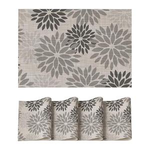 Artoid Mode Floral Vinyl Plastic Placemats Set of 4, 12x18 Inch Washable Non-Slip PVC Place Mats for Party Kitchen Dining Decor, Grey